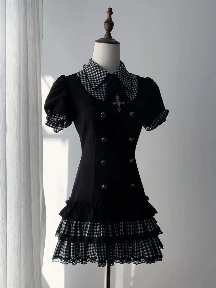 Japanese Gothic Lolita Y2k Plaid Puff Short Sleeve Dress Women Black Fake 2 Piece Cake Mini Dress Harajuku Summer Y2k Outfit
