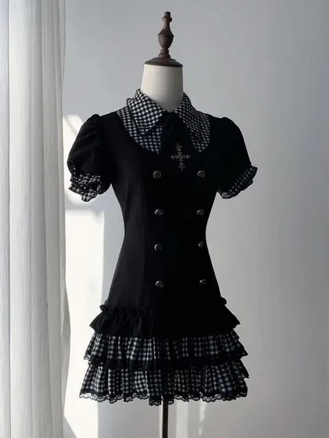Japanese Gothic Lolita Y2k Plaid Puff Short Sleeve Dress Women Black Fake 2 Piece Cake Mini Dress Harajuku Summer Y2k Outfit 2