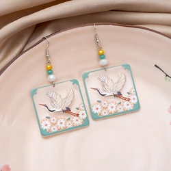 Trendy Transparent Square Acrylic Crane Flower Earrings For Women Elegant Auspicious Style Geometric Square Design Party Jewelry
