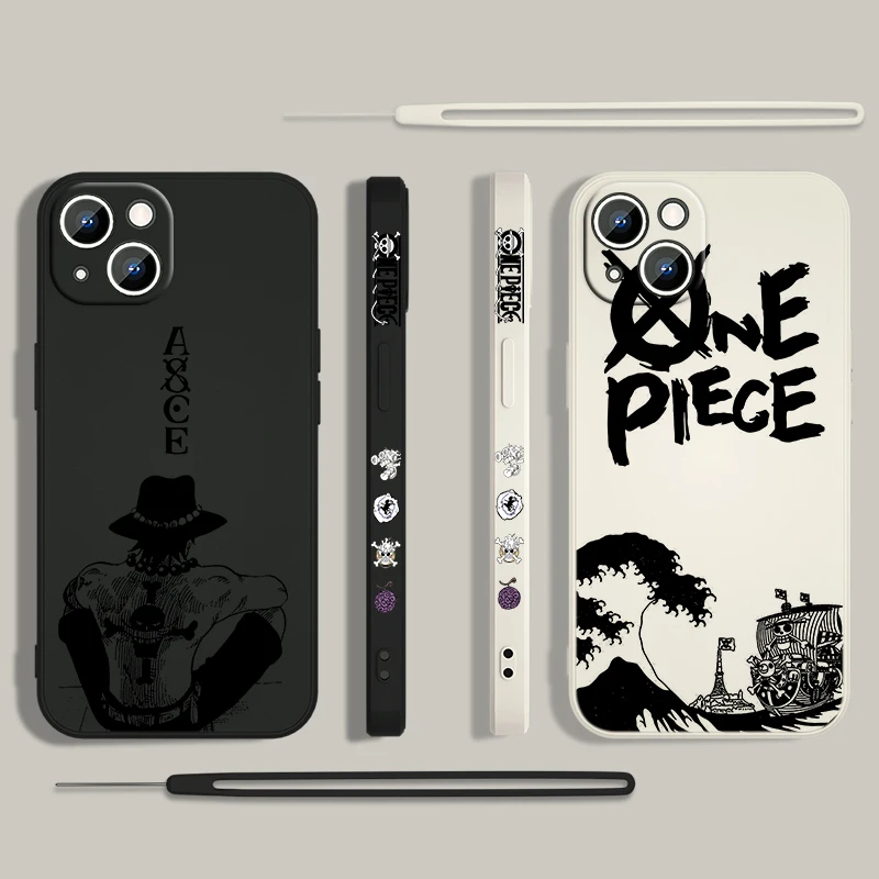 O-One Pieces Anime Cassa Del Telefono Per Apple iPhone 15 14 13 12 11 Pro Max Plus 8 7 SE Liquido Corda Sinistra Capa copertura