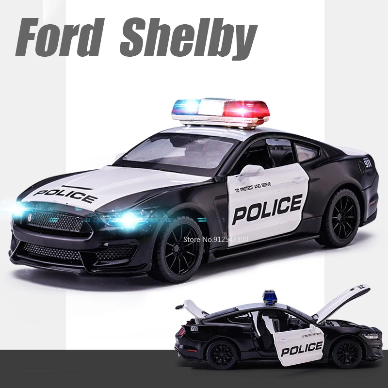 1/32 Toy Car Model Ford Shelby GT500 Alloy Diecast Police Car Model with Sound Light Pull Back Boy Toys Gift Collect Decorations