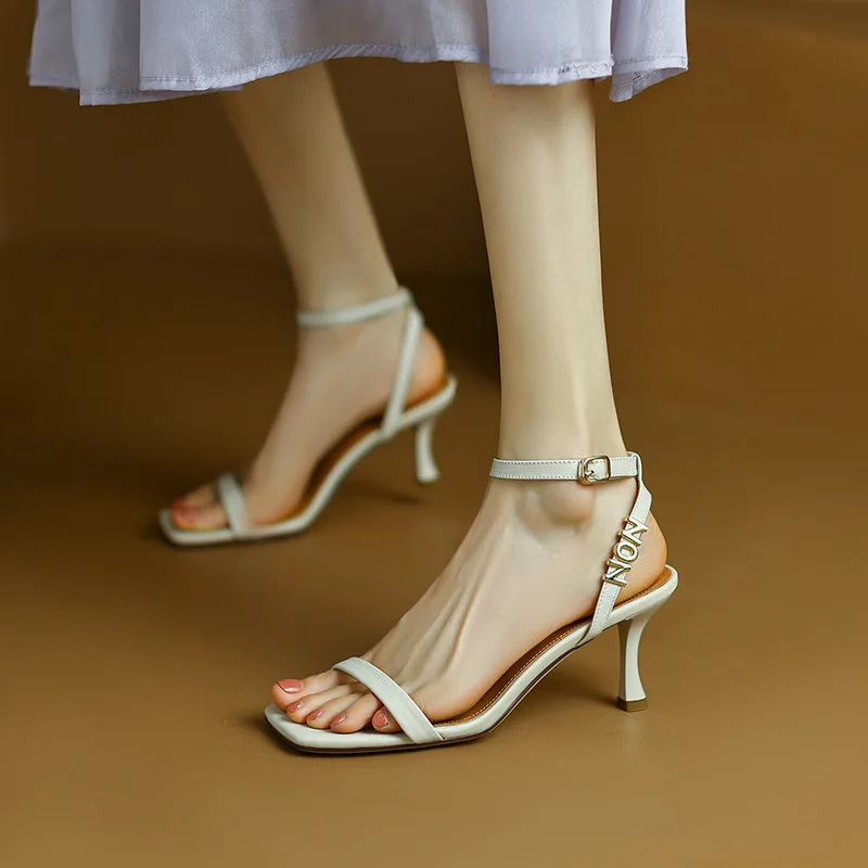 Minimalist French one line with exposed toe slim heel sandals for women's 2024 summer new off white black slim strap high heels