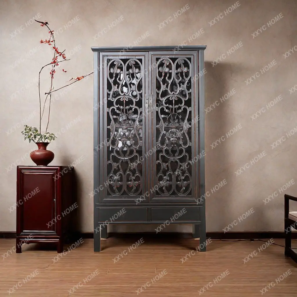 New Chinese retro hollow carved solid wood tea room locker wardrobe old study bookcase vertical cabinet