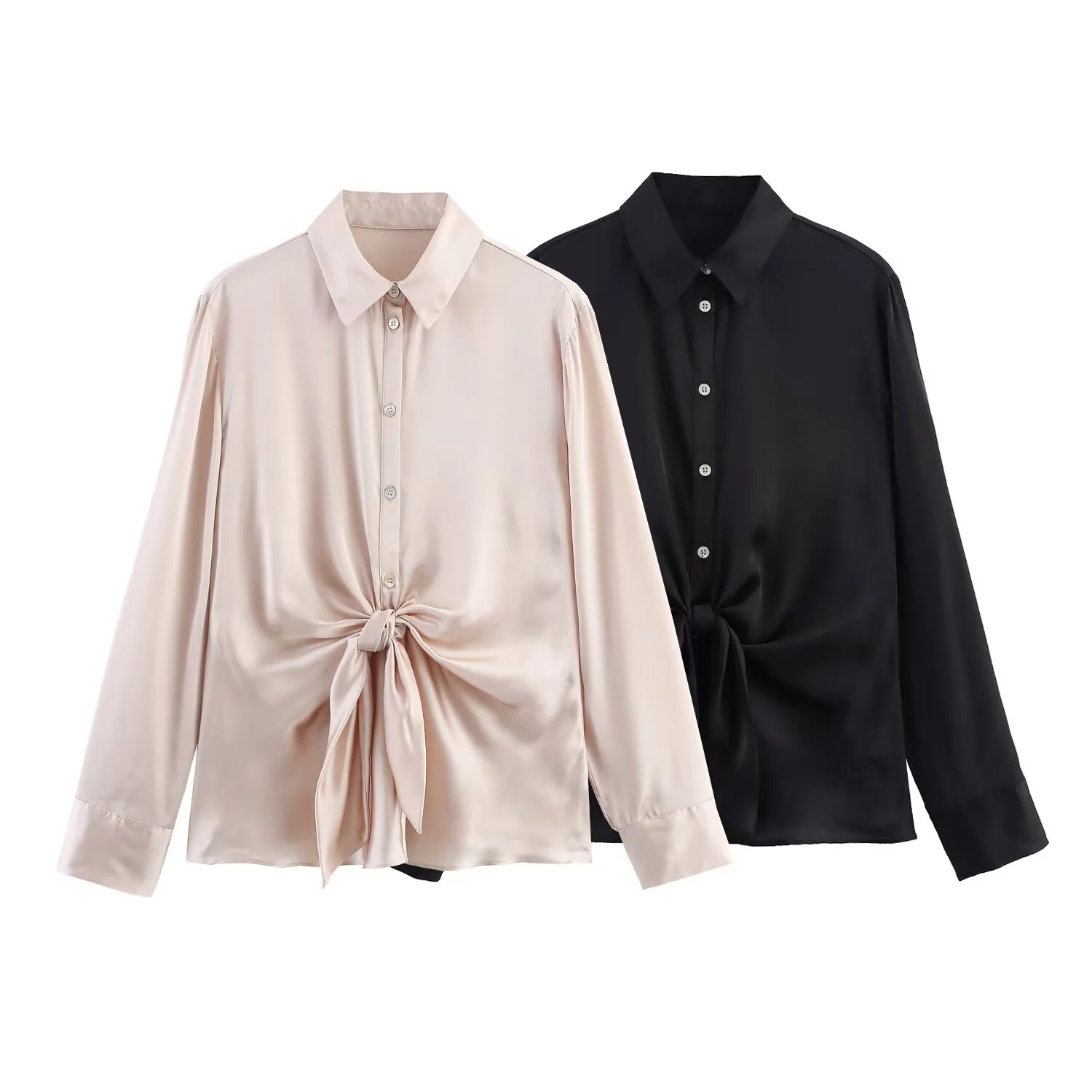 

PB&ZA2025 autumn new women's fashion light mature style knotted satin texture lapel casual long-sleeved shirt