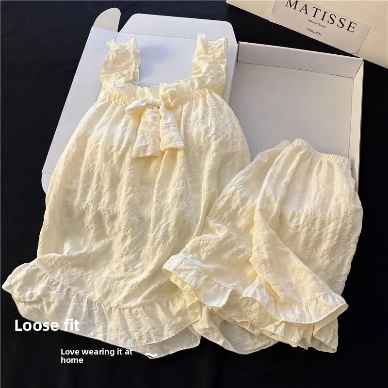 Sommerliche süße kurze Schlafanzüge für Damen, Spitzen-Camisole, Homewear, lässige 2-teilige Sets für Studentinnen, Schlafanzüge mit Schleife für Erwachsene, sexy Nachtwäsche für Damen
