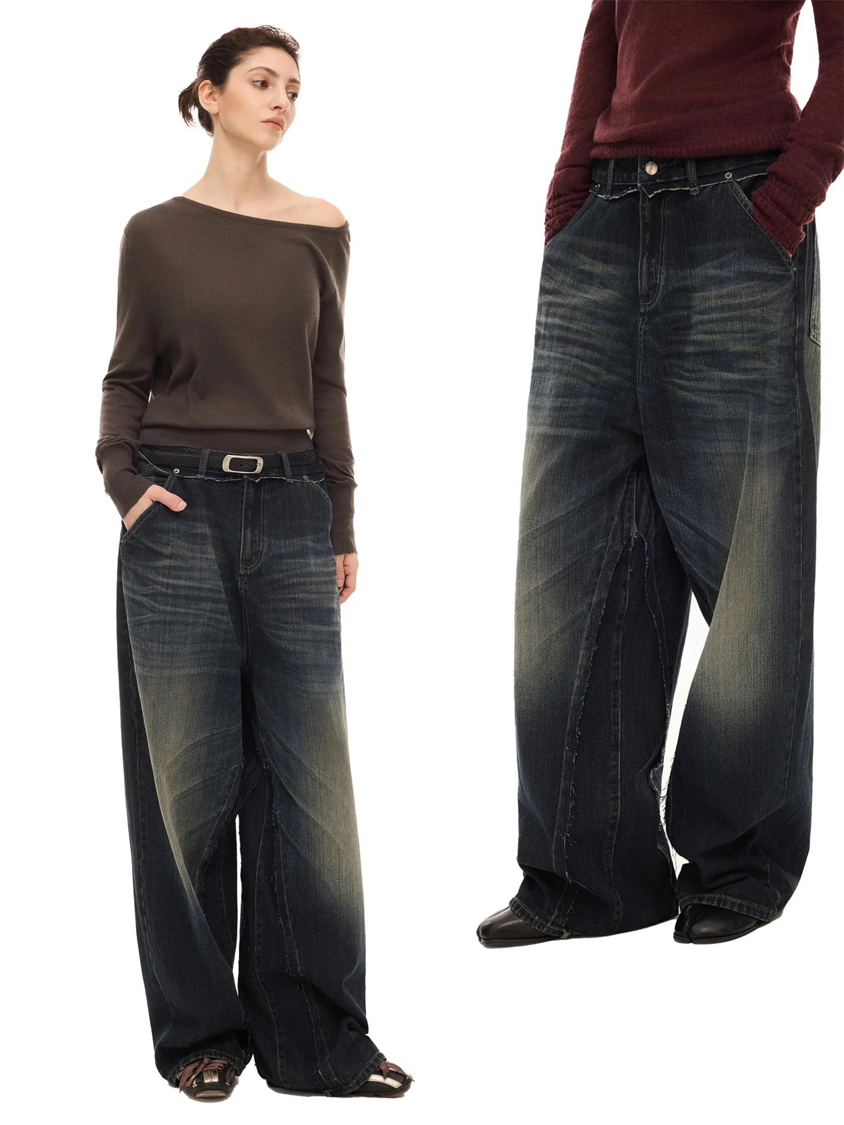 

Длинные широкие джинсы Artificial World, хлопковые джинсовые синие брюки свободного кроя с застежкой-молнией на талии