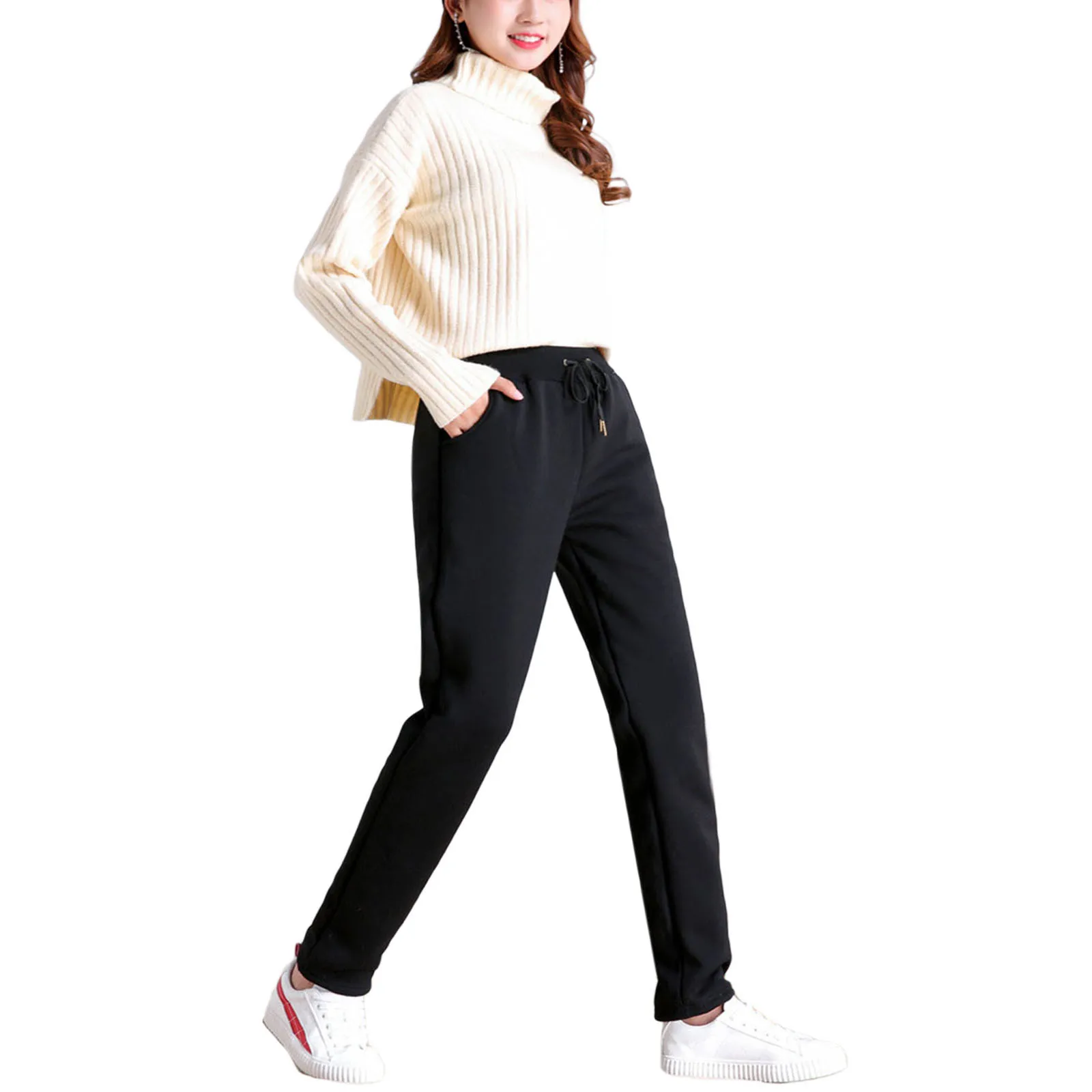 Women Sherpa Lined Sweatpants Casual Drawstring Elastic Waist Winter Warm Solid Color Jogger Pants