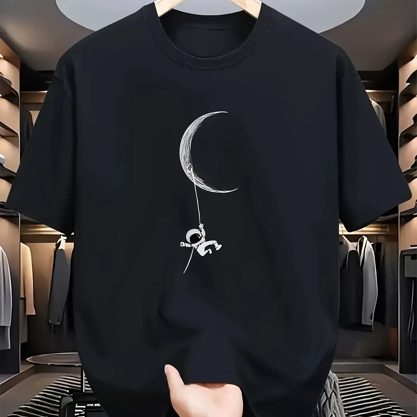 Camiseta de manga corta con cuello redondo para hombre, 100% de algodón, informal, holgada, con estampado de astronauta y Luna, deportiva, a la moda