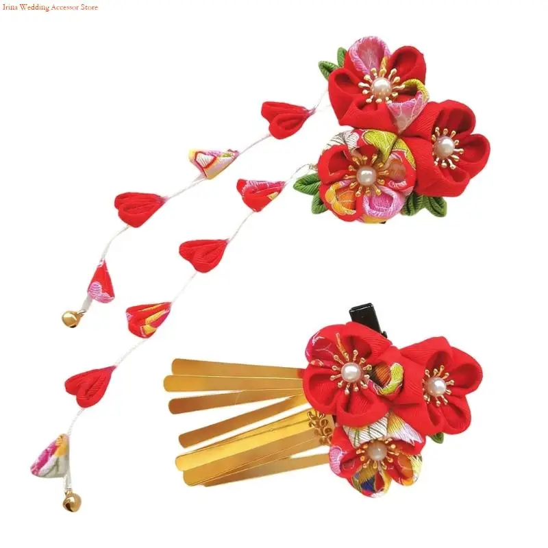 G92D Antique Japanese Hair Clip Fabric Flower Pin Handmade Hair Ornament Costume Kanzashi For Anime Cosplay Dressingup