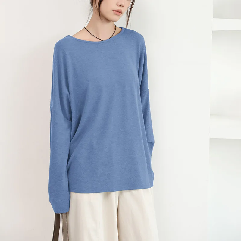 Japanese and Korean early autumn new women's T-shirt loose solid color round neck off-shoulder lazy casual long-sleeved top