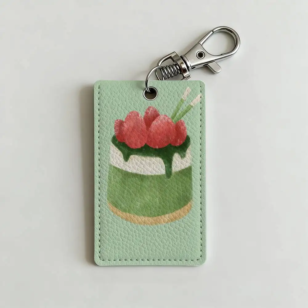 Green INS Style M-Matcha Cake Card Case Leather Card Holder Keychain Key Ring Door Access Tags ID Card Case Keychain