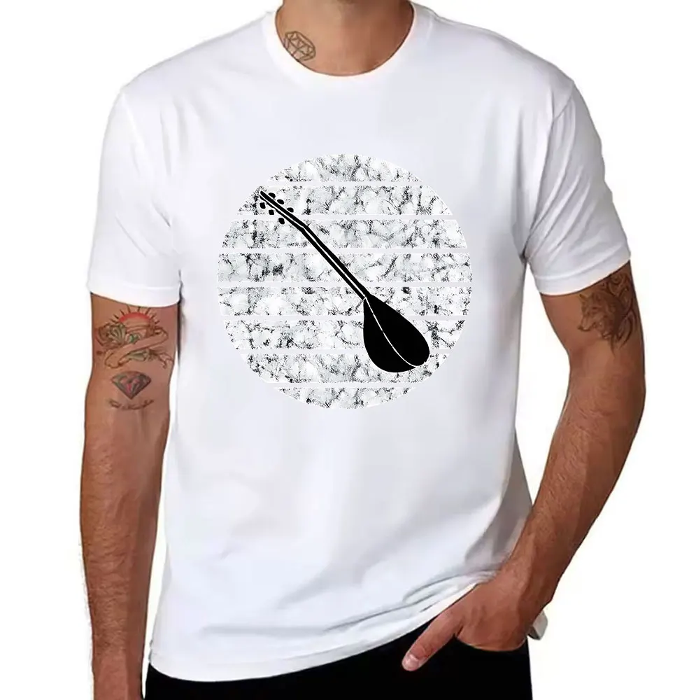 Men's Cotton T-Shirt with Retro Lute Print, Casual Crew Neck Short Sleeve Tee, Vintage Music Instrument Graphic Top for Daily We