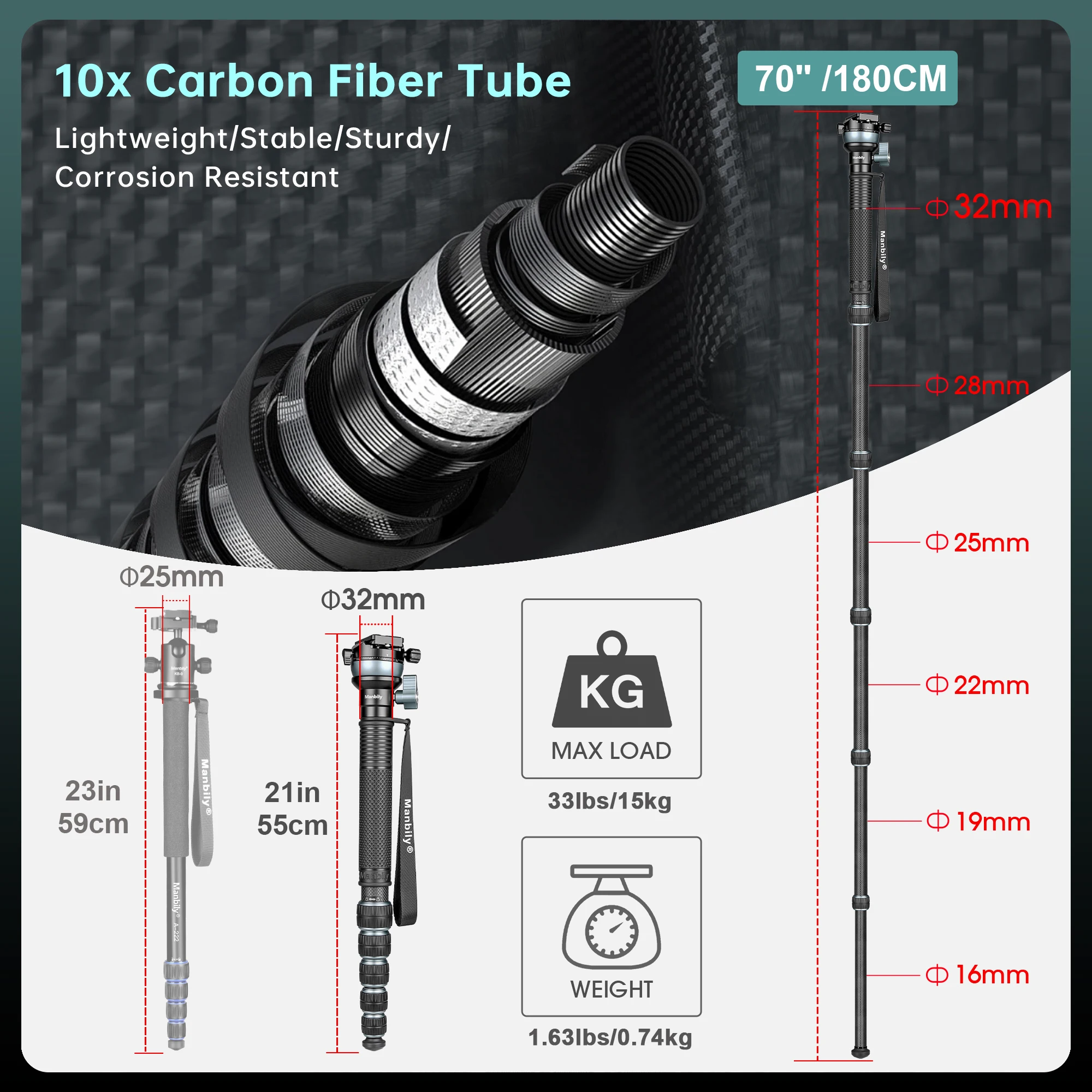 Manbily C-666PRO Carbonfaser-Monopod, 187 cm, professioneller Reise-Monopod mit M-5-Stativ für DSLR-Kameras und Fotografie. – Detail 3