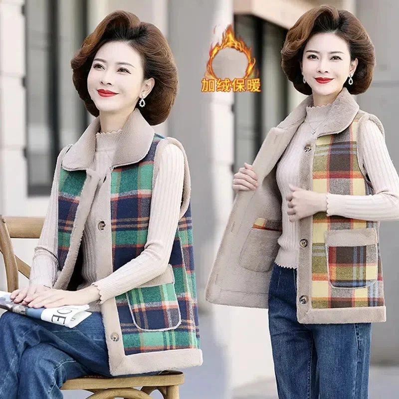 New Wear On Both Sides Plush Vest Jacket For Women Autumn Winter Add Velvet Warm Sleeveless Plaid Coat Middle-aged Mother Vests
