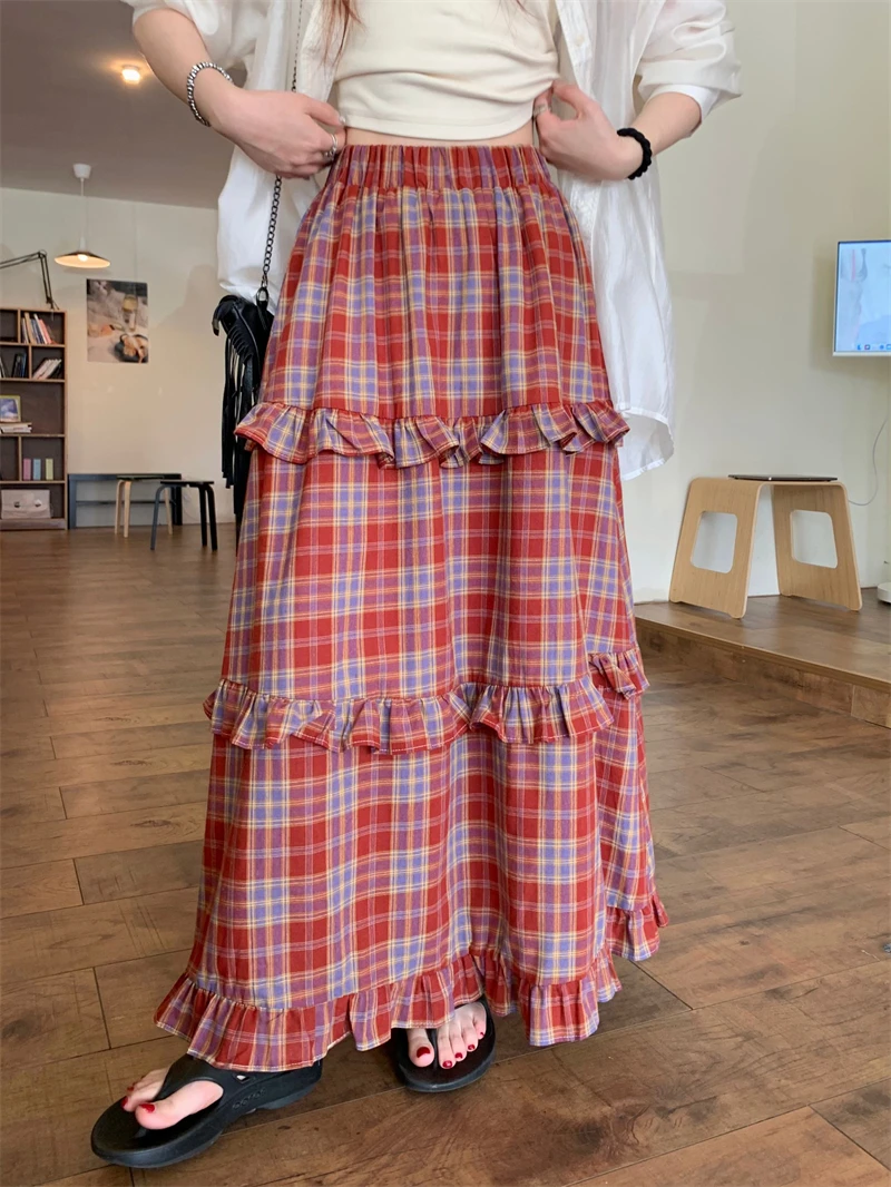 

Benuynffy Ruffle Trim Plaid Long Skirts Women Spring Summer Elastic Waist Cake A-line Skirt Ladies Vintage Casual Maxi Skirts