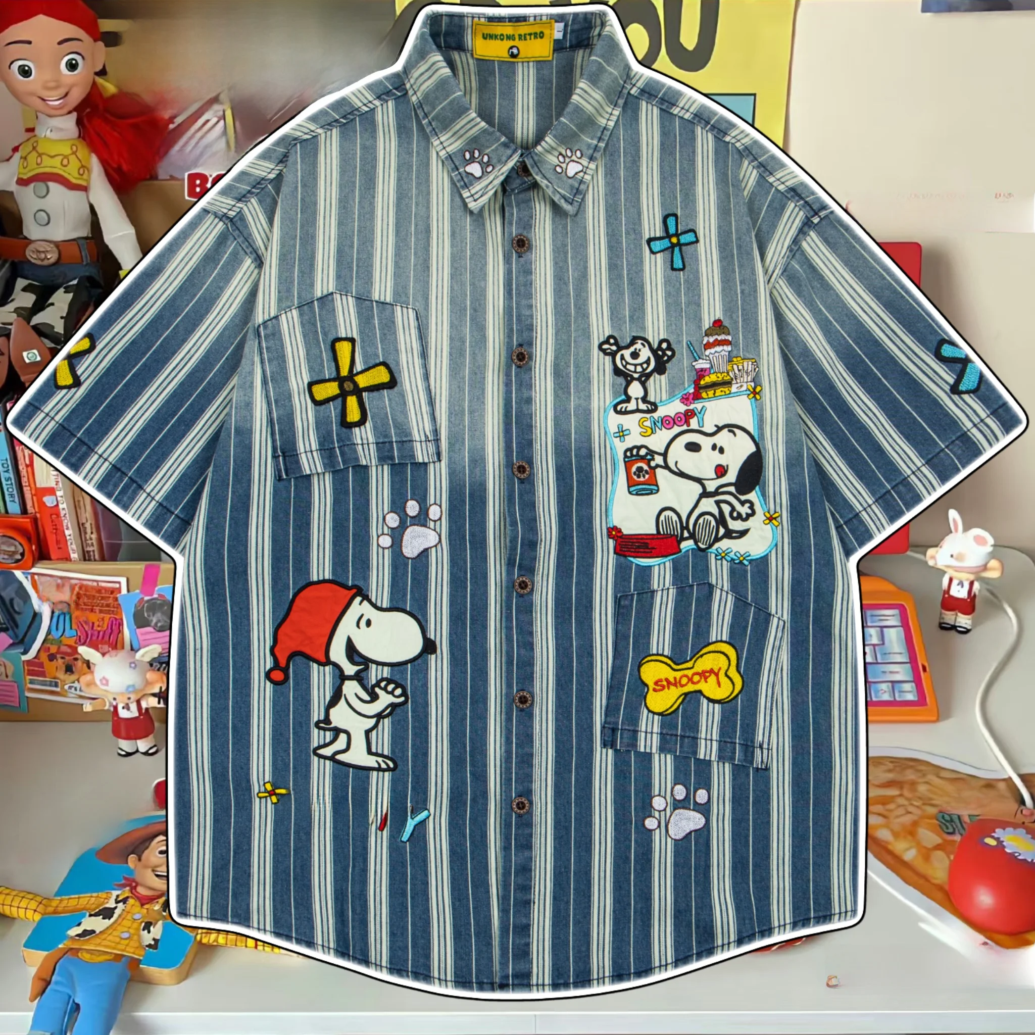 Camisa de Manga Curta com Estampa de Cachorro em Patchwork e Bordado, Algodão Unissex para Crianças, Estilo Americano, Roupas...