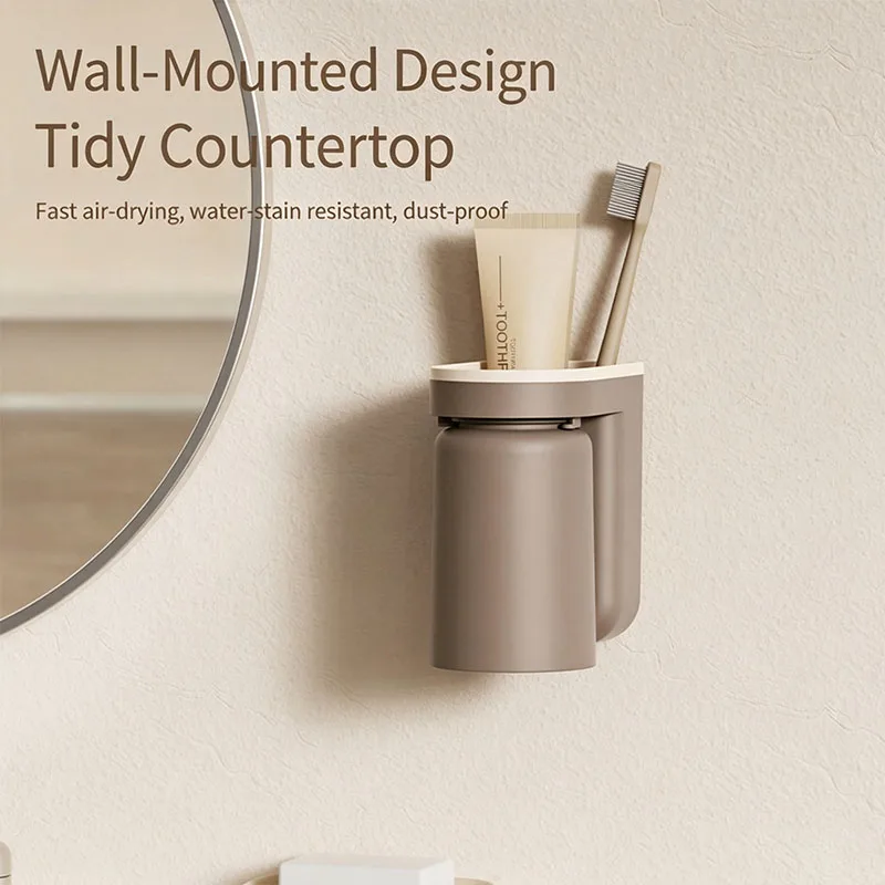 Innovative No Drill Wall Mounted Light Luxury Mouthwash Toothbrush Cup Storage Rack Couple Bathroom Organizer