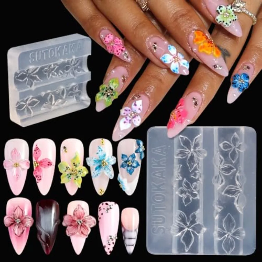 3D Flowers Nail Mold Silicone Nail Tools, Hawaii Hibiscus Floral Petal Nail Design Resin Molds Nail Art Carving Template for Re