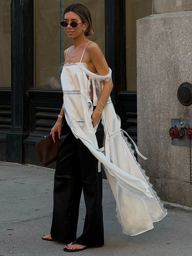 Lässiges Satin-Kleid mit Ausschnitten für Damen, Langes Spitzenkleid, Ärmellos, Rückenfrei, Trägerkleid, Sommer 2026, Strandkleid für Damen