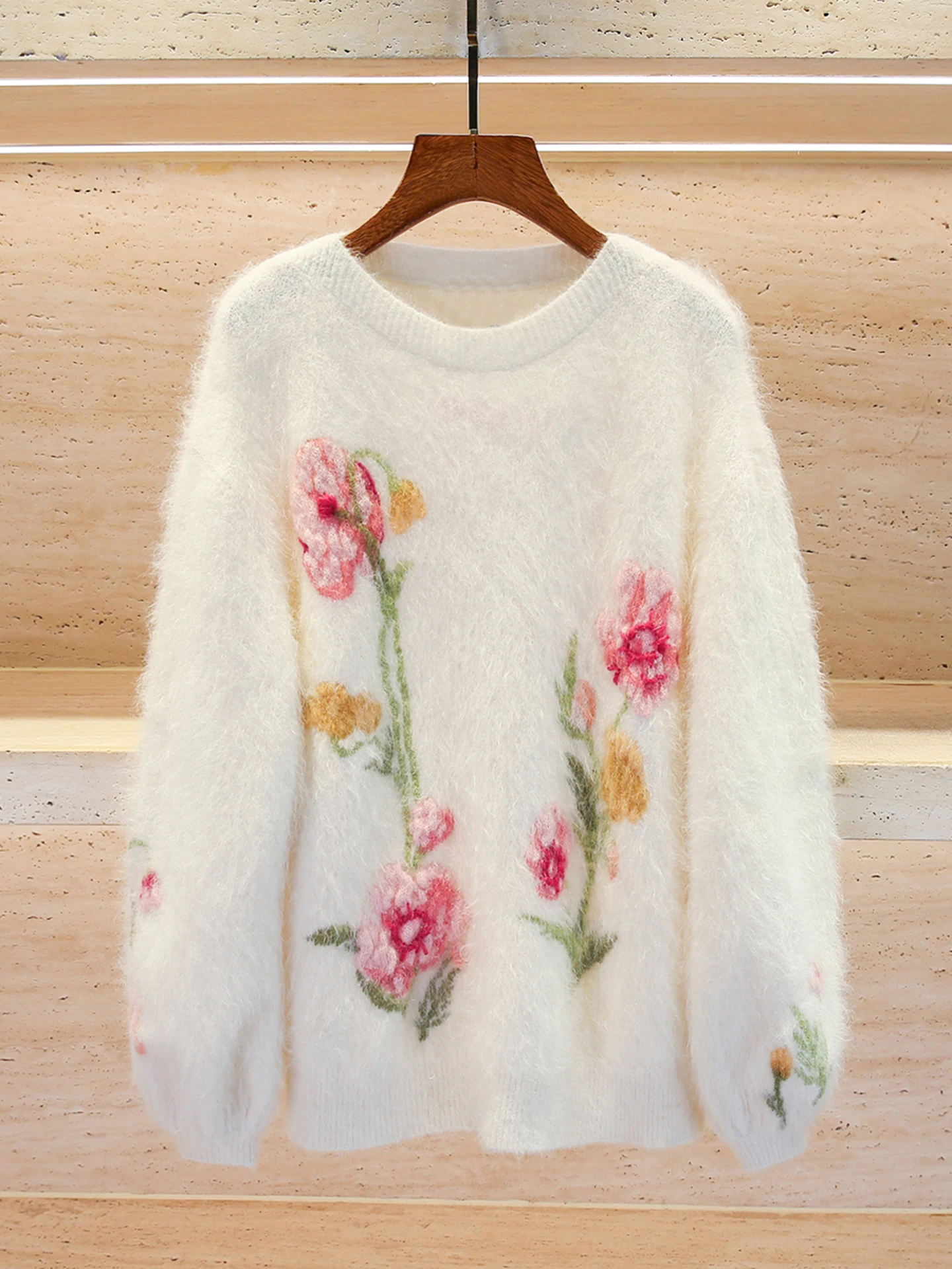 

Свободный вязаный свитер French Sle, женский топ с цветочной вышивкой, удобный длинный круглый пуловер Sve Ne, осенняя мода