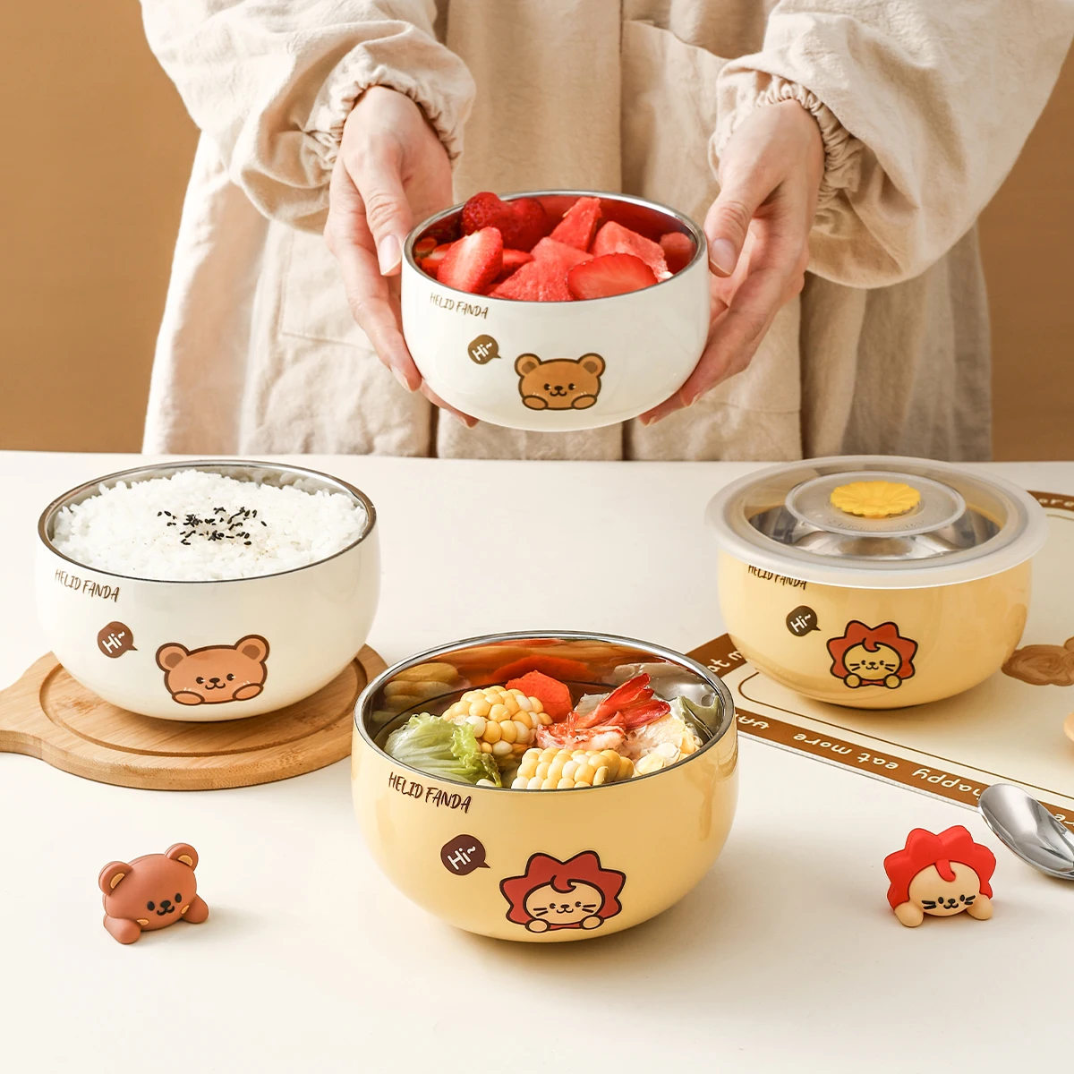 WORTHBUY 380/500ML Kid Rice Bowl 316 Stainless Steel Soup Bowl Anti Scalding Food Container For Children Cute Kitchen Tableware