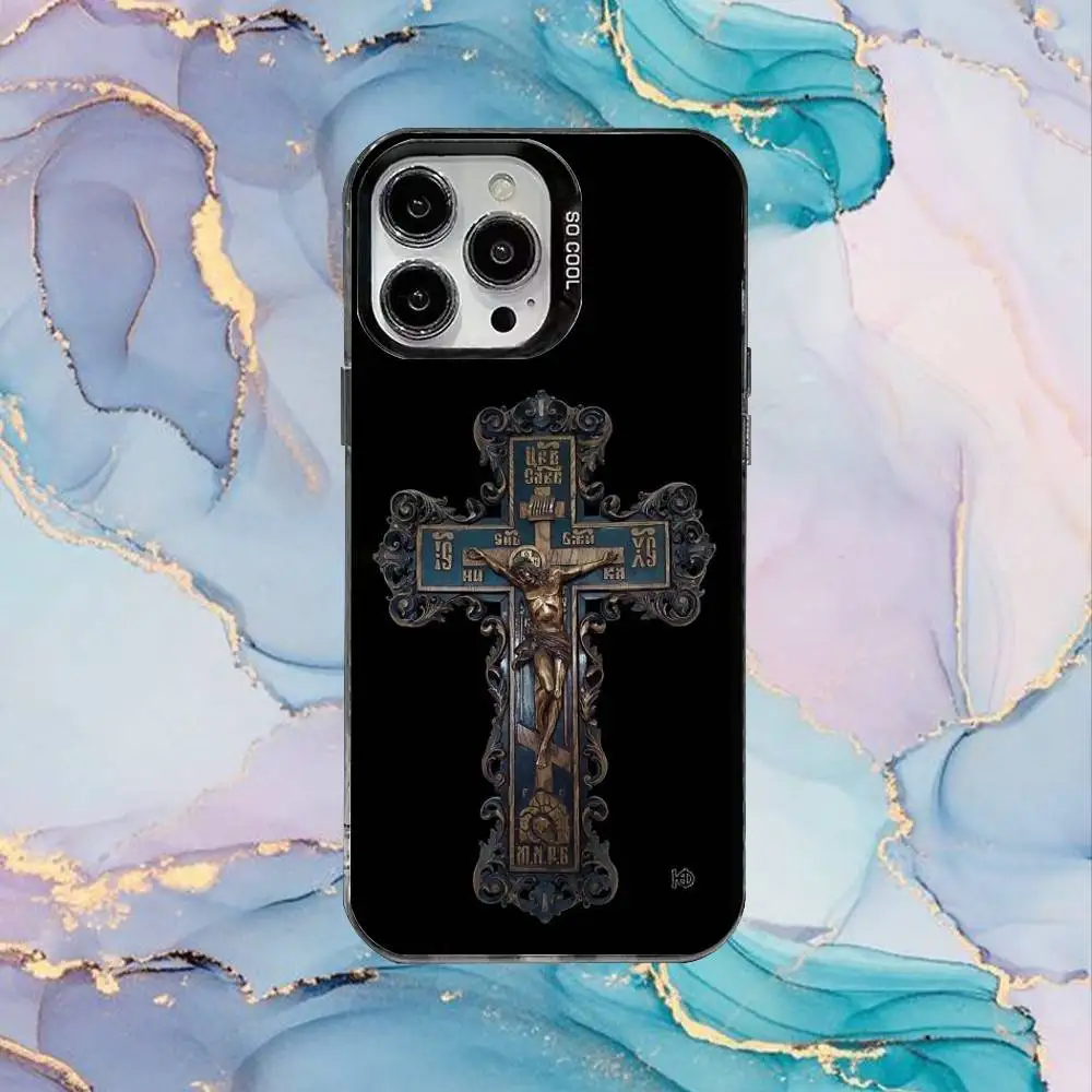 Чехол для телефона Orthdox Cross Icon для iPhone 17,16,15,14,13,12,11 Plus, Pro Max, черный матовый противоударный чехол Candy