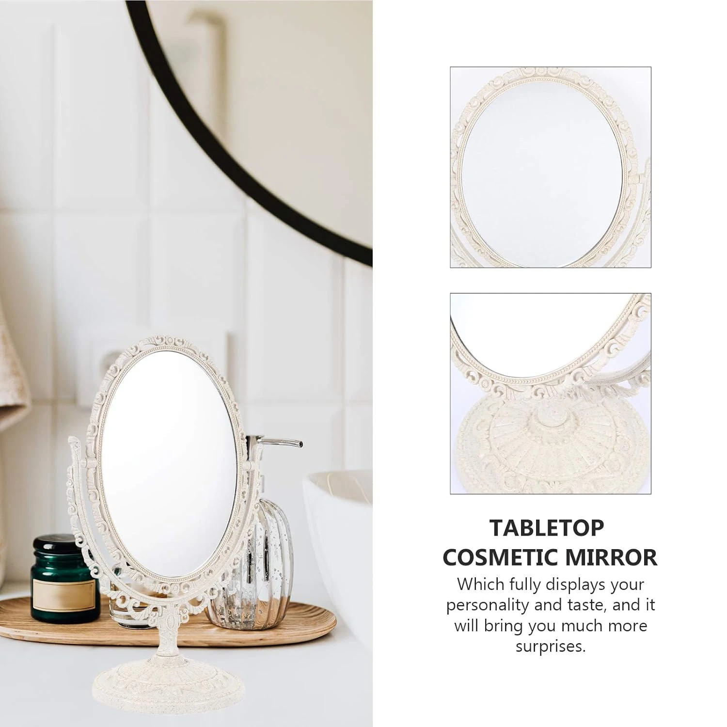 Vintage desktop make-upspiegel ovale make-upspiegel met standaard Vintage draaibare dubbelzijdige cosmetische spiegel, ovaal