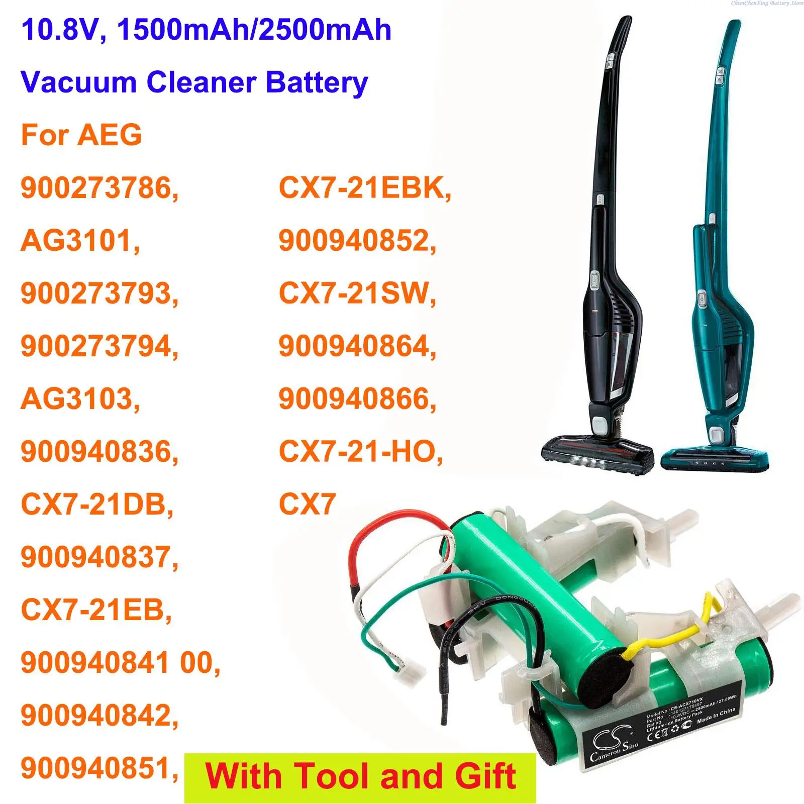 

Cameron Sino 1500 мАч/2500 мАч аккумулятор для AEG AG3101, AG3103, CX7-21DB, CX7-21EB, CX7-21EBK, CX7-21SW, CX7, 900273786