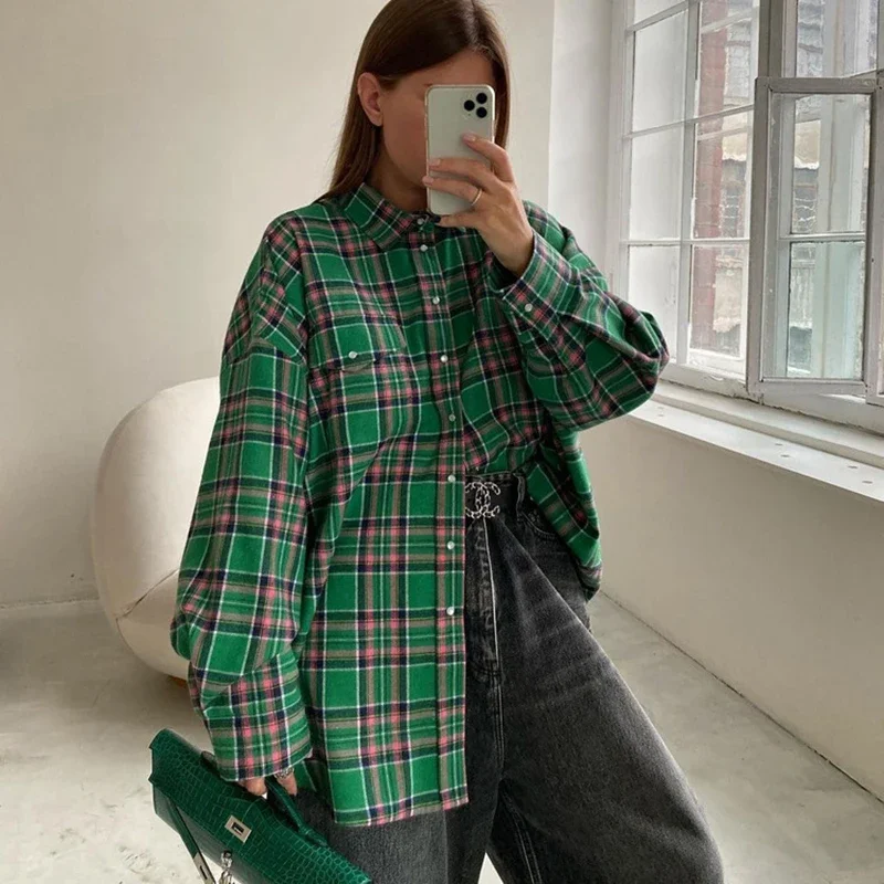 

Autumn Spring Loose Women's Shirt And Blouses Oversized Green Vintage Plaid Shirt Women Oversize Top Long Sleeves