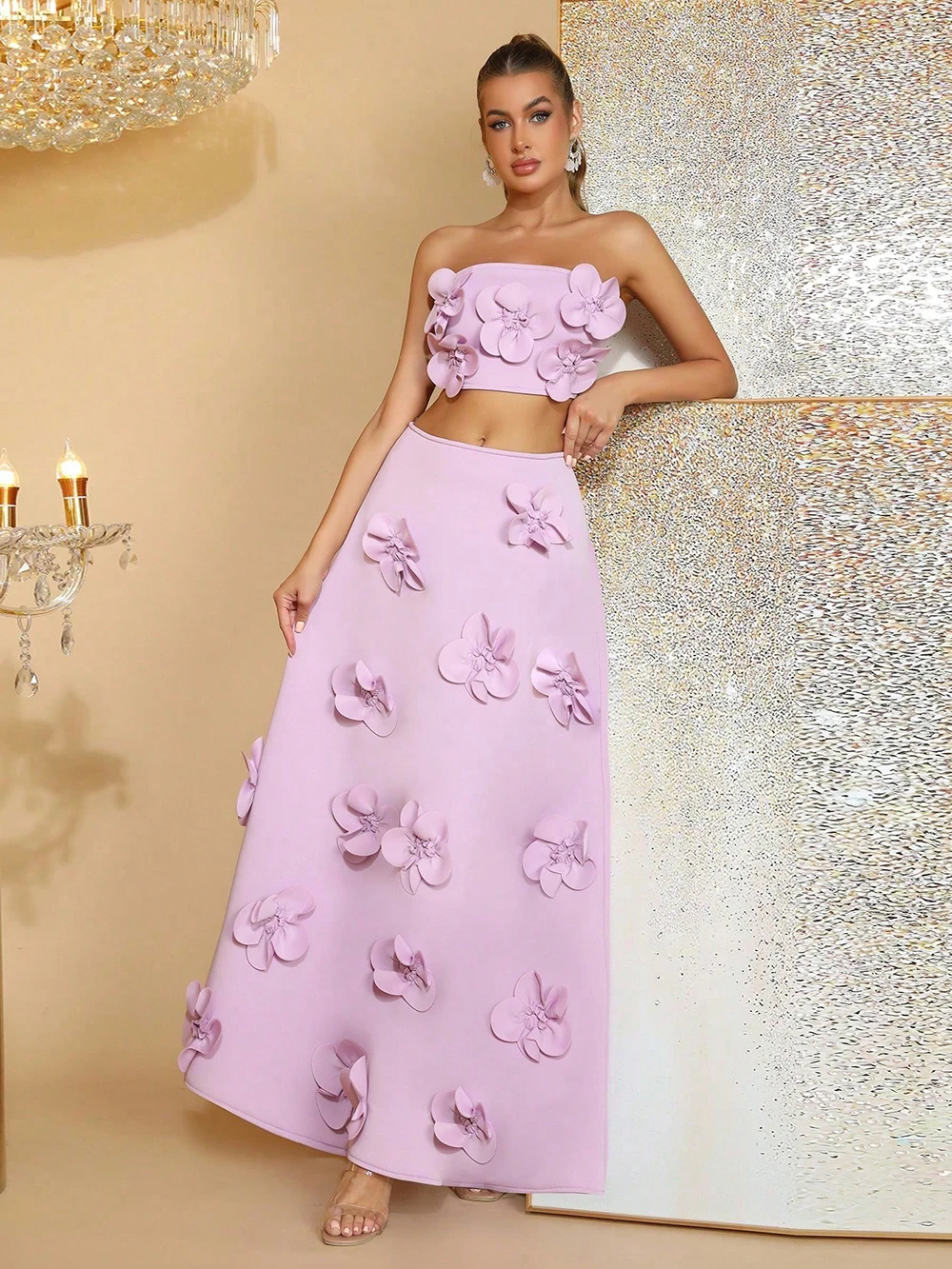 ชุดเซ็ตเสื้อครอปท็อปแต่งลายปักแบบต่อผ้าสุดหรู + กระโปรงยาวทรงเอ ชุดเดรสเกาะอกเซ็กซี่แบบเรียบง่ายสำหรับผู้หญิง ชุดสองชิ้นสำหรับผู้หญิง
