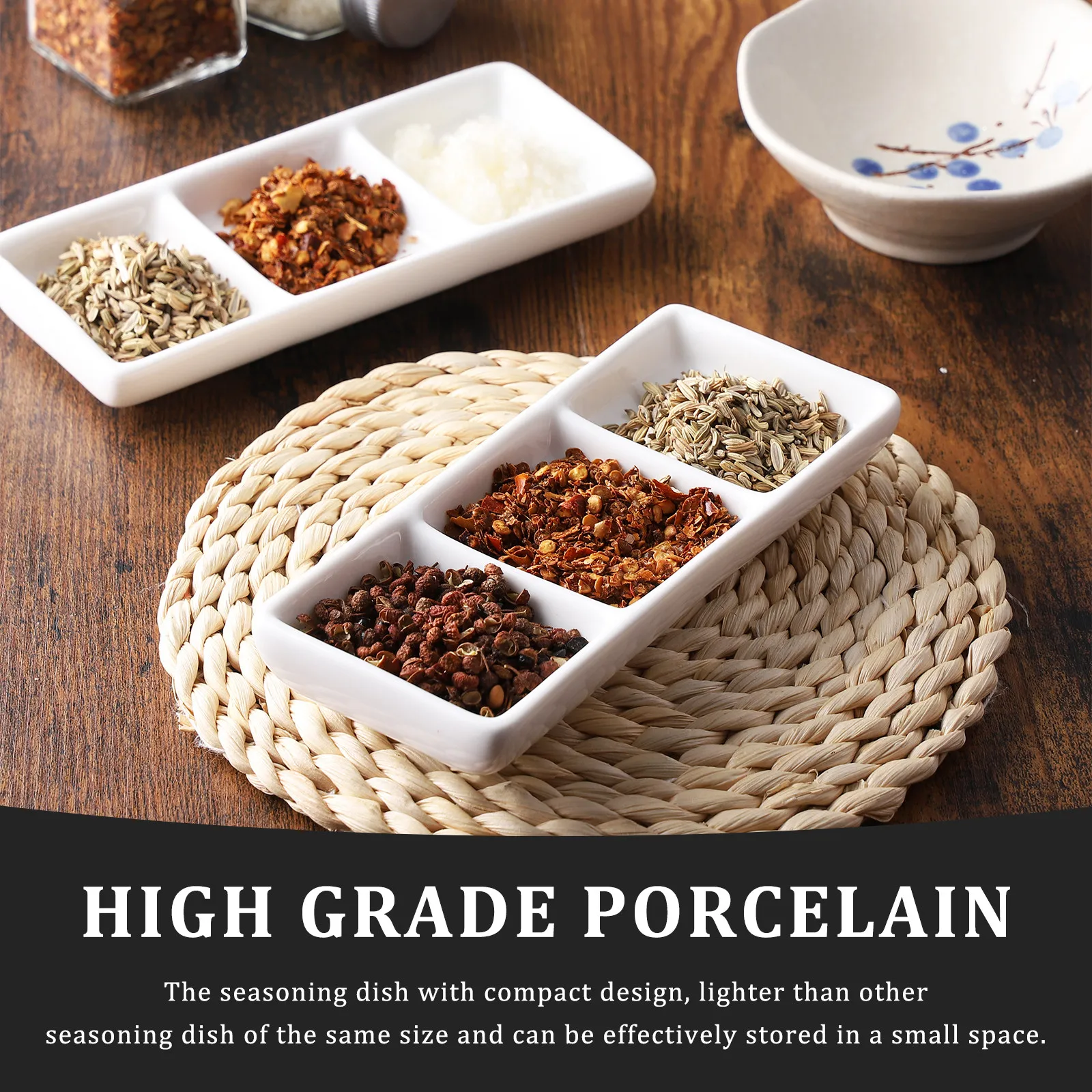 2 Bandejas de Cerámica Rectangulares Largas de 3 Segmentos para Servir Aperitivos, Salsas, Aderezos, Condimentos, Especias y Salsa de Soja