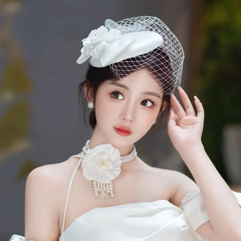 

Mini White Fascinator Hat Vintage Bow Pearls Satin Wedding Hat Headpiece Face Veil Elegant Ladies Cocktail Tea Party Headdress