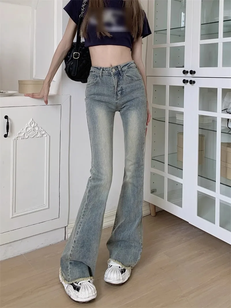 

Streetwear Low Rise Flared Jeans y2k Vintage Slim-fitting Blue Denim Pants 2000s Casual Women's Jeans Harajuku Denim Trousers