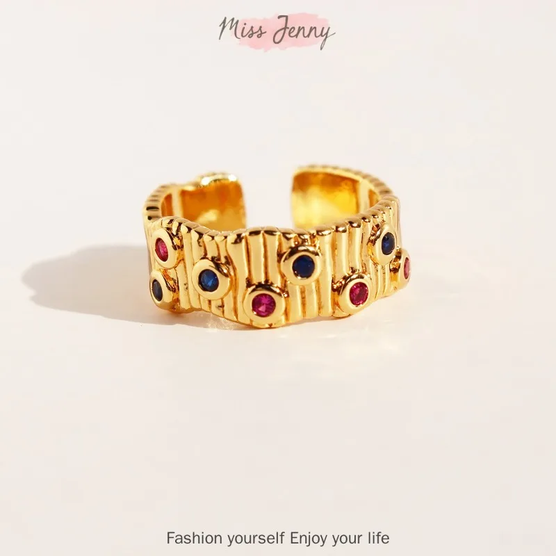 [Miss Jenny}Europe And the US Vintage Irregular Wavy Adjustable Ring Women Color Zircon Medieval Rings M024