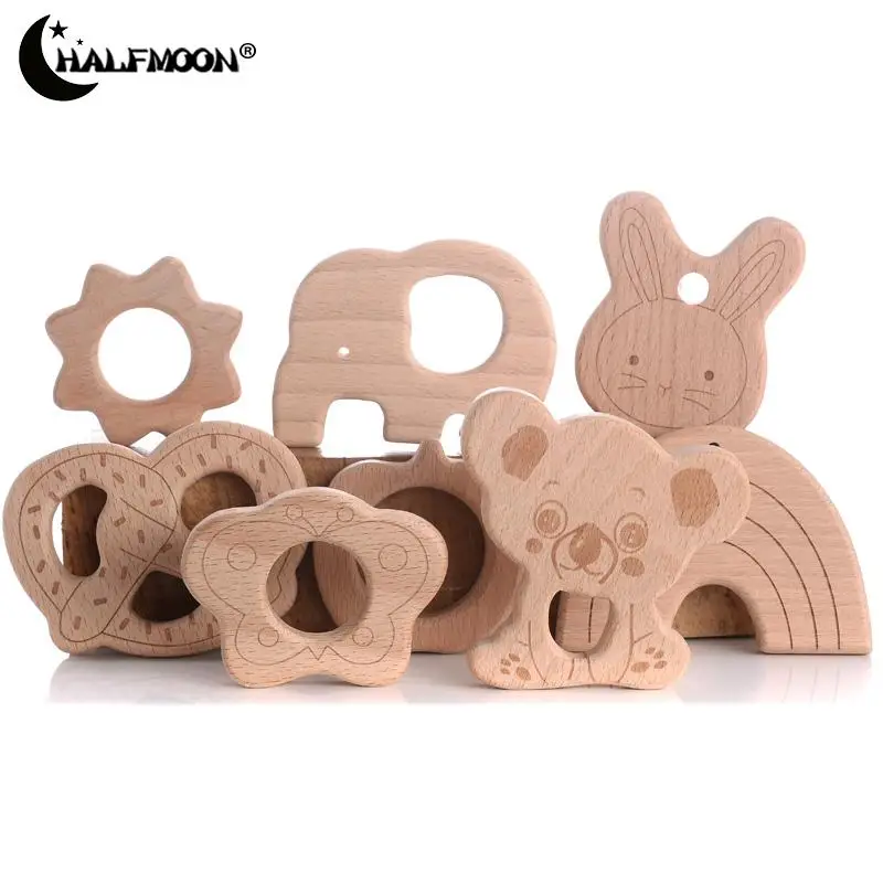 1/2/3Pcs Wooden Elephant Airplane Rainbow Teether Eco-Friendly Wood Baby Teething Pendant DIY Soother Pacifier Chain Chew Toy