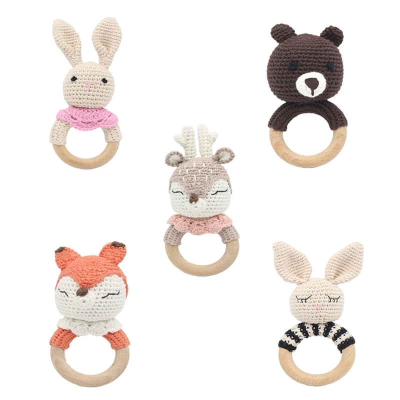 

97BE Baby Teether Wooden Ring Cotton Thread Crochet Animal Rattle Knitted Hand