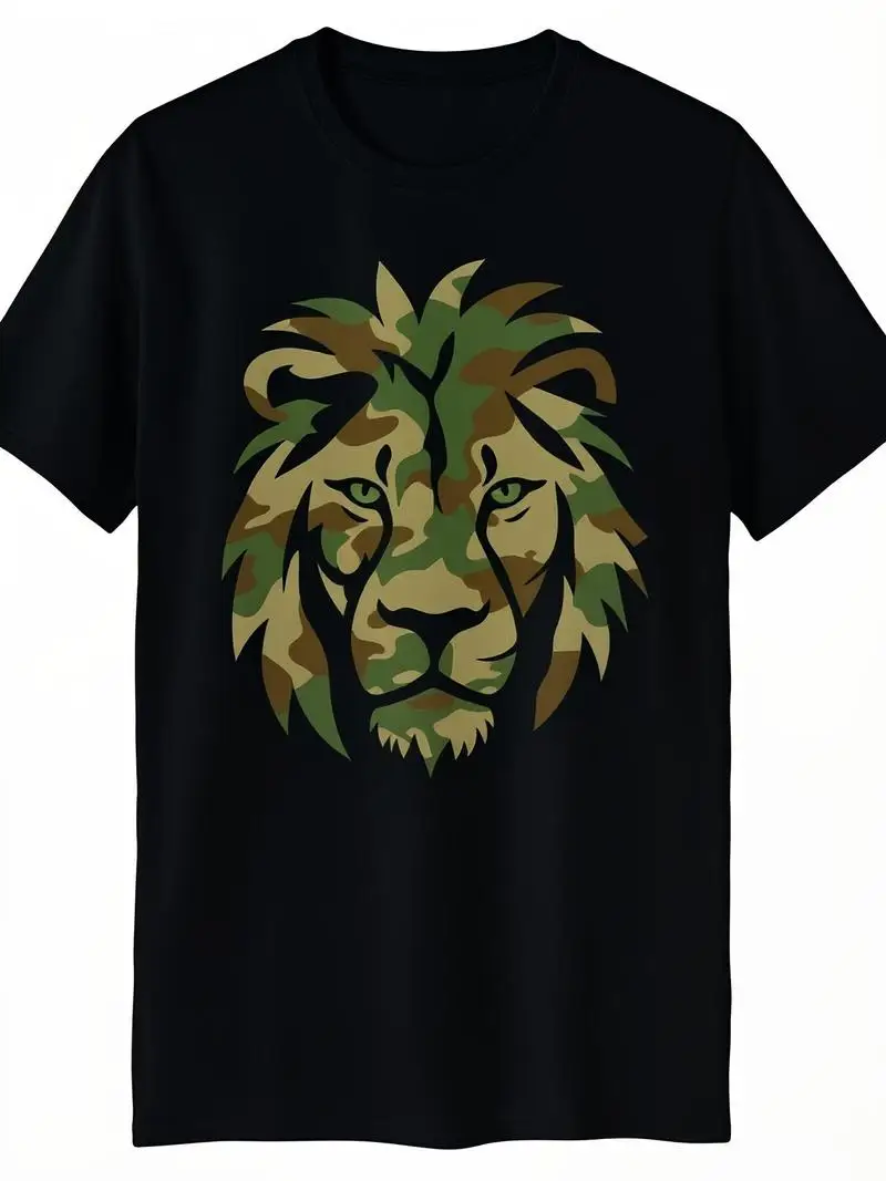 Men's Plus Size Camouflage Lion Pattern T-Shirt Green Beige Black Casual Outdoor Wear Gift For Fathers Parties Retro Extra Long