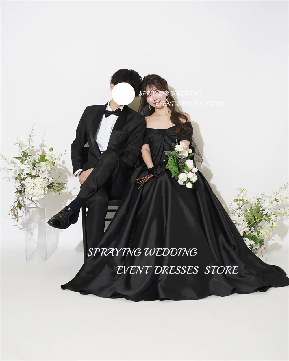 SPRAYING Korean Wedding Photography Simple Satin Black Bridal Gown Off the Shoulder Long Corset Back Wedding Robe Customized