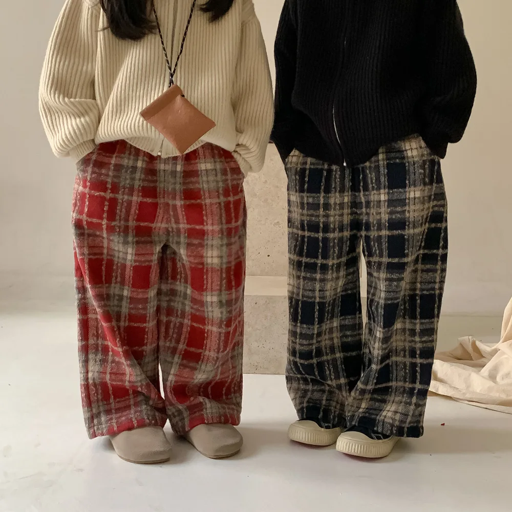 

Children Clothing Fashion Thickened Casual Wide Leg Pants 2024 Autumn Winter New Boys Girls Korean Checkered Straight Leg Pants