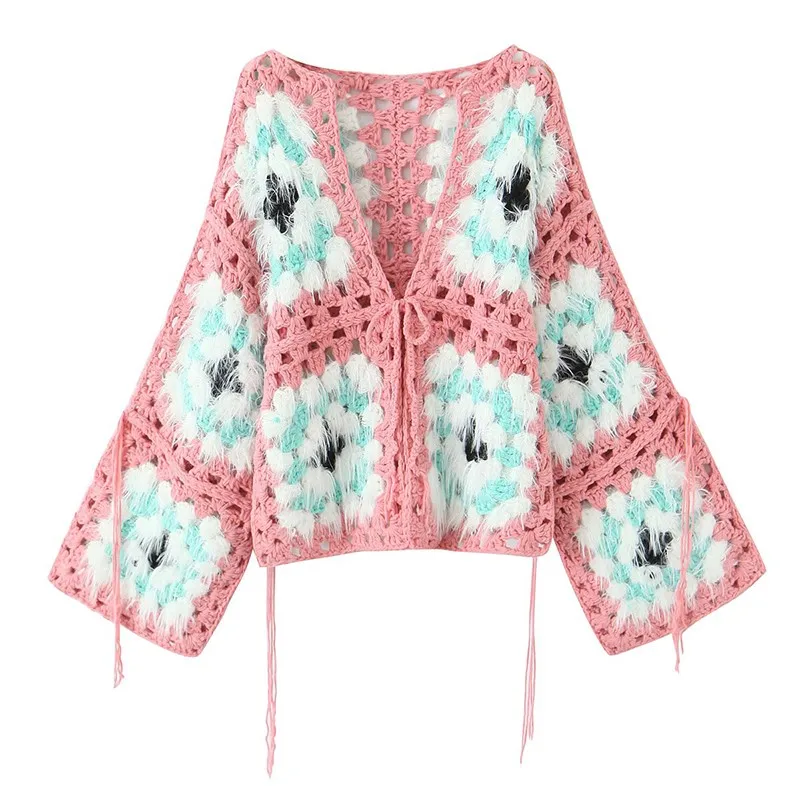 2025 Boho Women Handmade Crochet Hollow Out Plaid Cardigan Long Sleeve Front Lace Up Sweater Autumn Winter Knitted Coat