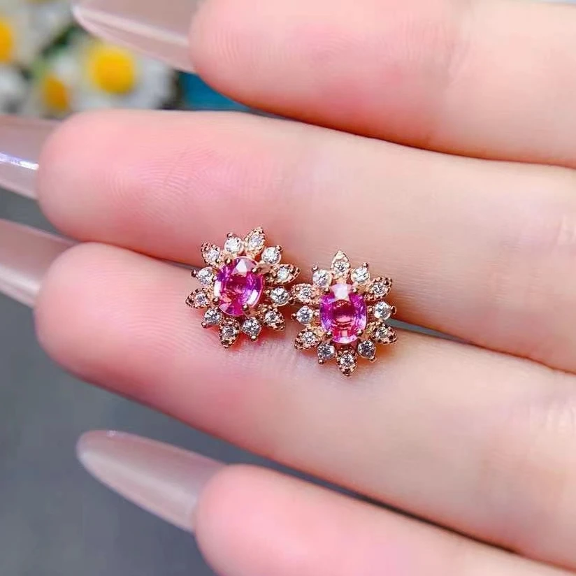 

Cute 925 Silver Pink Sapphire Stud Earrings for Girl 4mm*5mm Total 0.8ct Natural Sapphire Earrings with Gold Plated