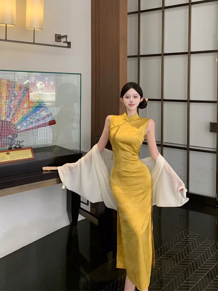 ReddaChic Women's Qipao Dress with Split Tank Jacquard Sleeveless Slit Mandarin Collar Cheongsam Chinese Style Formal Clothes