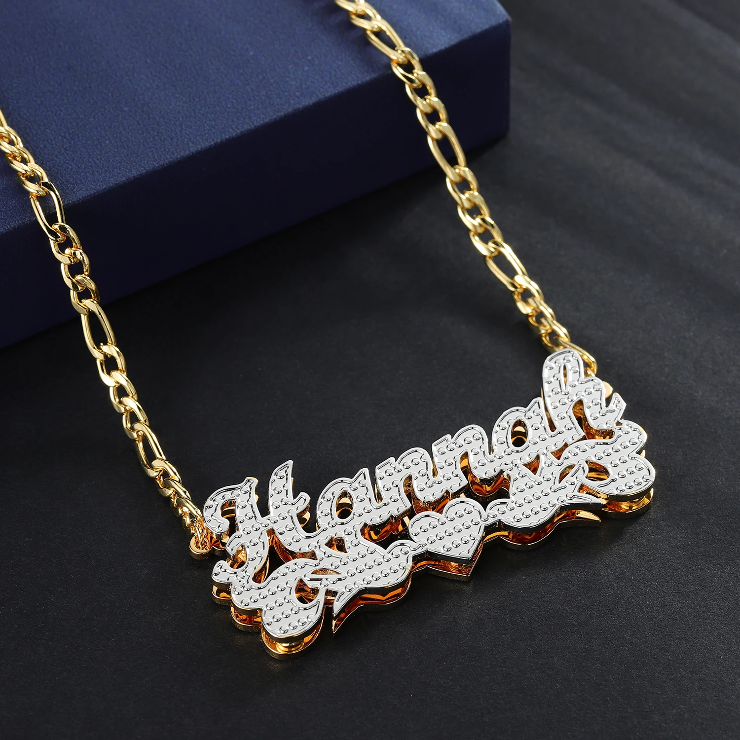 Personalized Nameplate Name Jewelry Customized 3D 18K Gold-Plated Three-Color Optional Love Bottom Frame Pendant Double-Layer