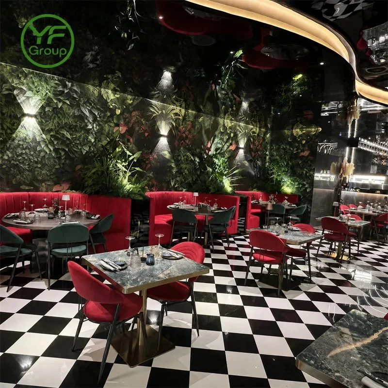 Red Velvet Restaurant Furniture Sofa with Round Square Marble Table Top and Matching Chairs Booth Seating for Cafe Shop