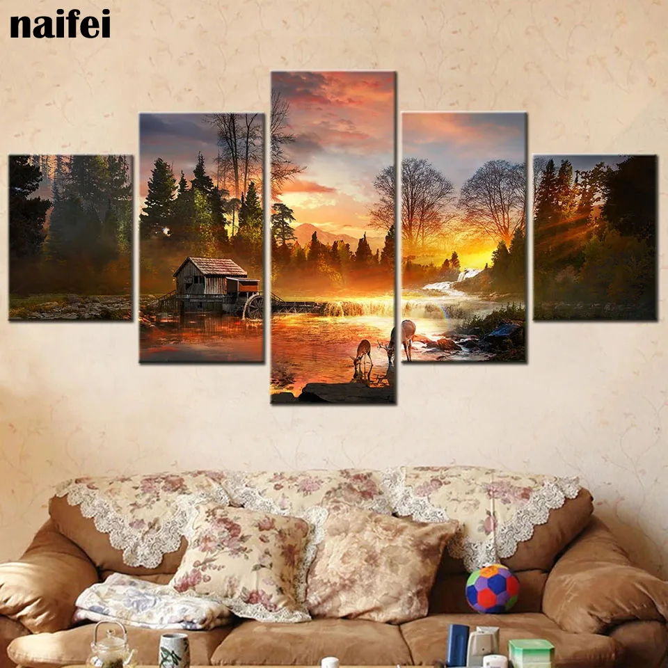 

Diy Diamond Painting Nature River Deer Sunset Scenery Wall Art Landscape Full Rhinestones Mosaic Picture For Living Room Decor