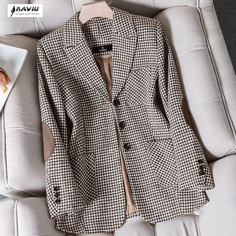 Coffee Plaid Blazer Women Tempeament Wool Long Sleeve New Fashion Slim Jacket Office Ladies Work Coat Gray Tops