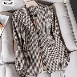 Kawa Plaid Blazer Women Tempeament wełniany, długi rękaw New Fashion wąska kurtka biurowa, damska kurtka robocza szare topy