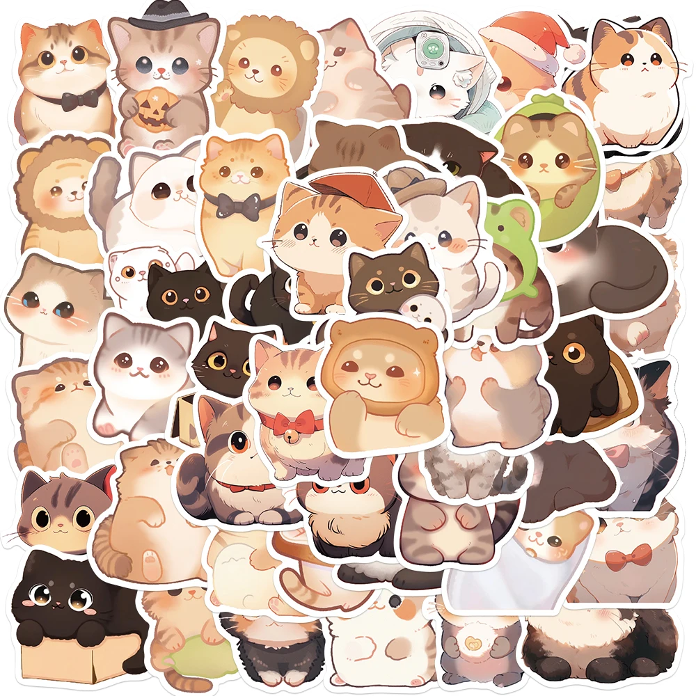 

50PCS Kawaii Cat Stickers PVC Cartoon Cute Decals Toy Stationery Guitar Aesthetic Decorations School Supplies For Children