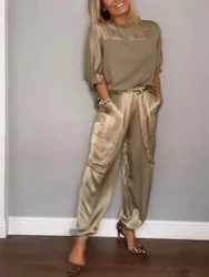 2024 Spring Women's New Fashionable Smooth Satin Half Sleeve Top With Strap Pants Pocket Set Half Sleeve Pants Two Piece Set