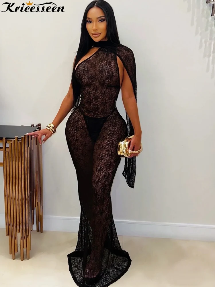Kricessen Black Lace See Through Maxi Dress Women Elegant One Shoulder Cape Sleeve Bodycon Evening Party Night Club Long Dresses
